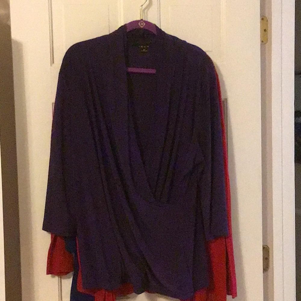 EUC,IMAN,TUNIC,SZ 2X, SHAWL WRAPAROUND FRONT ATTACHED STRAIGHT BACK 3/4 sleeves